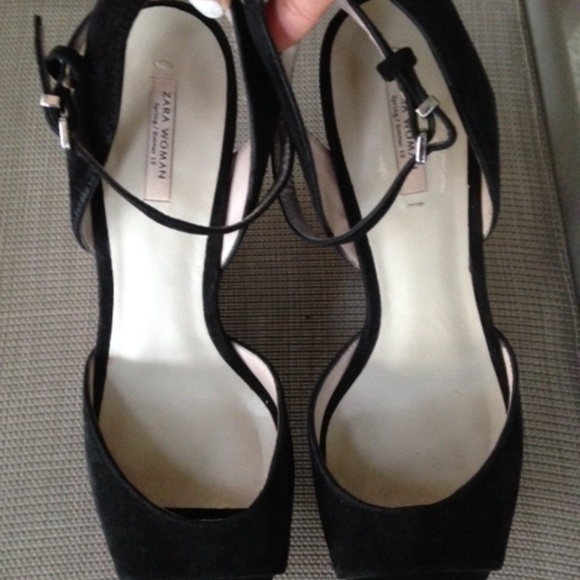 ZARA Black Suede White Cork Platform Wedge Heels - Picture 4 of 9